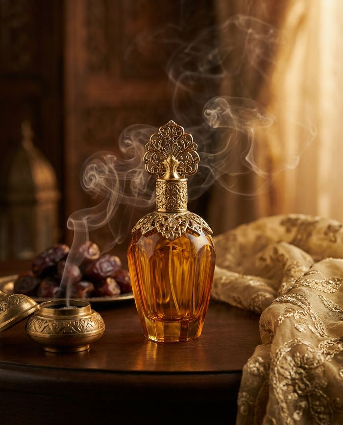 Arabische parfumfles in een sfeervolle setting