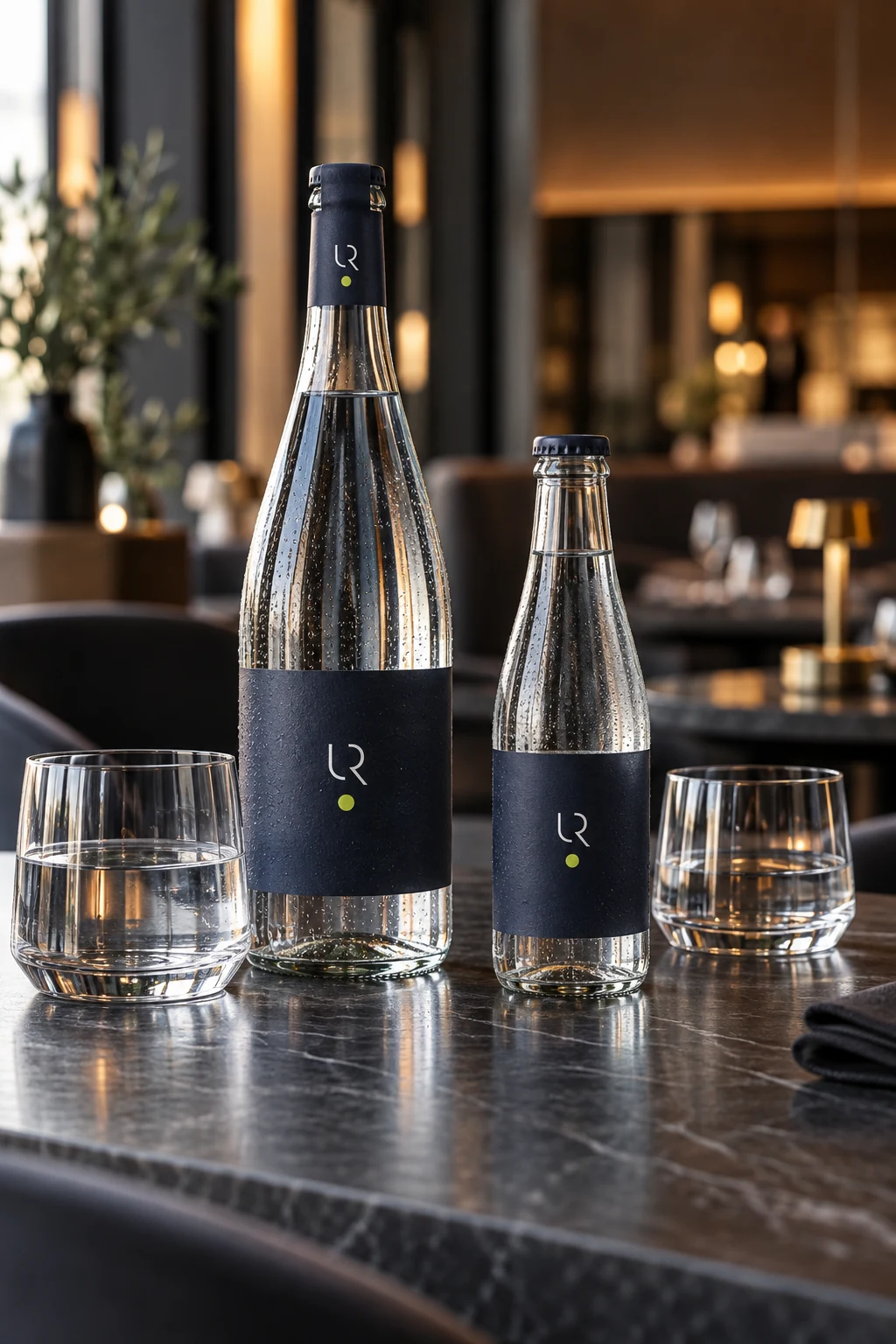 Ontwerpstudie van twee glazen waterflessen voor horeca, 33 en 75 cl